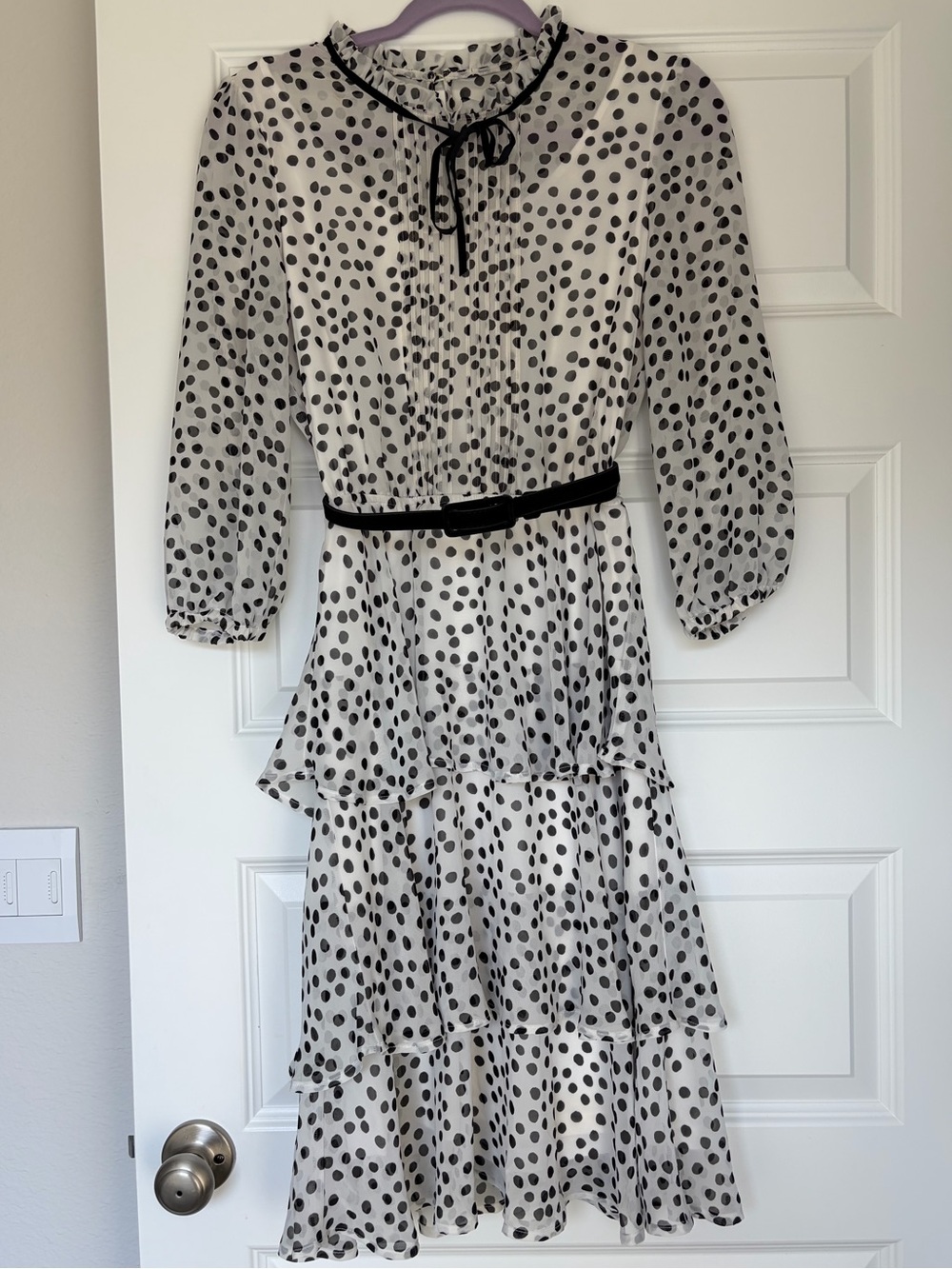 Eva Mendes Women's Polka Dot Tiered Midi Dress - Black and White Size 4